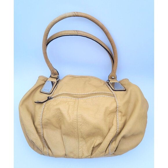 Tignanello Yellow Leather Shoulder Purse Double Handles Middle Divider Multi Zip - Picture 2 of 10